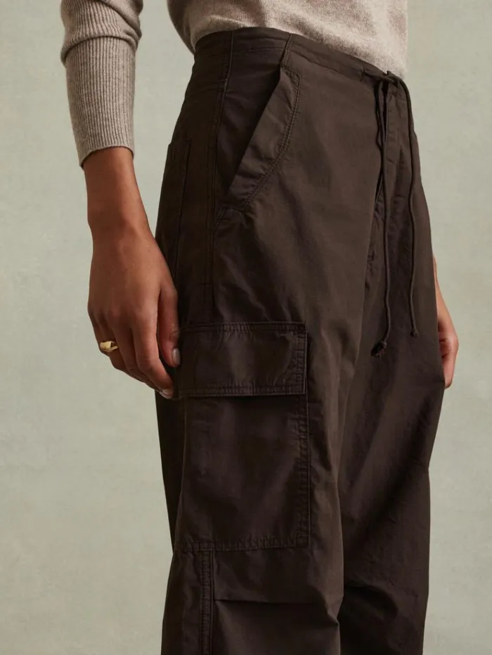 REISS Pants Women Tapered Drawstring Cotton Combat Trousers Chocolate