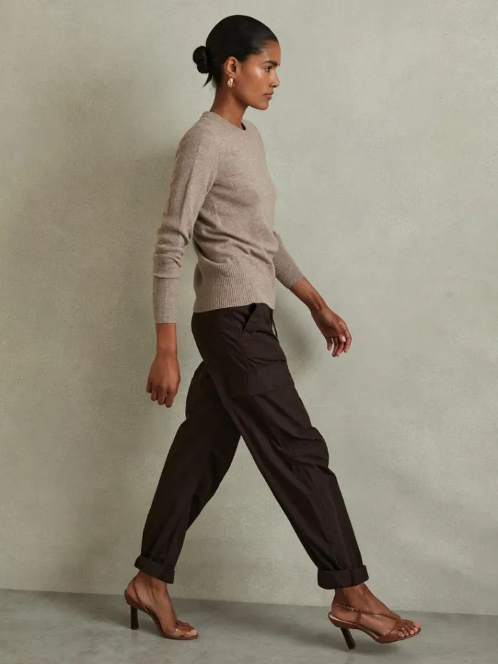 REISS Pants Women Tapered Drawstring Cotton Combat Trousers Chocolate