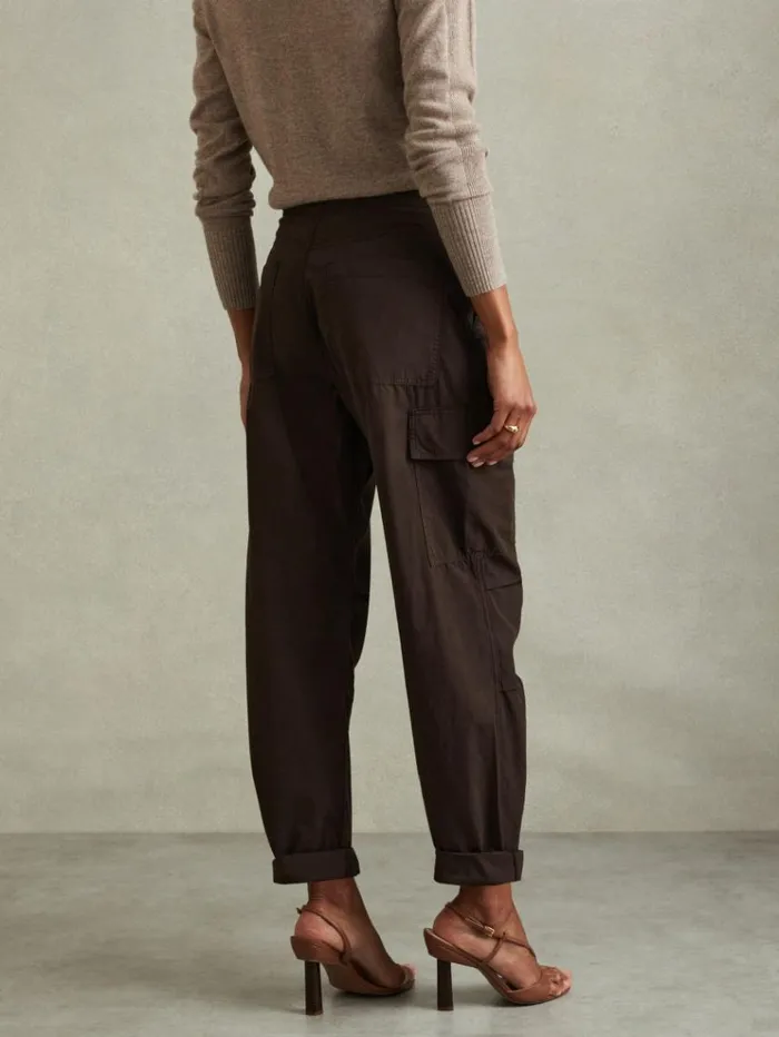 REISS Pants Women Tapered Drawstring Cotton Combat Trousers Chocolate