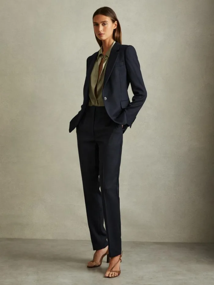 REISS Pants Women Textured Slim Fit Suit Trousers Navy