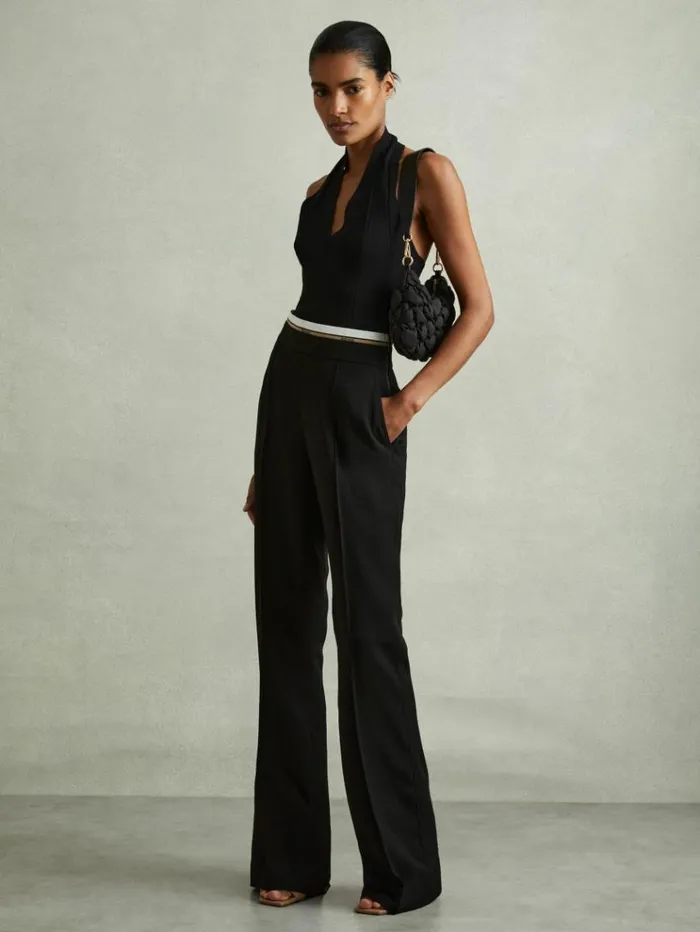 REISS Pants Women Waistband Detail Wide Leg Trousers Black