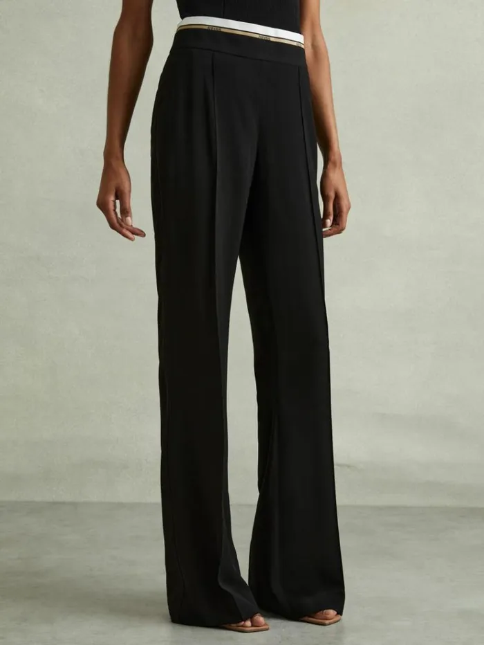 REISS Pants Women Waistband Detail Wide Leg Trousers Black