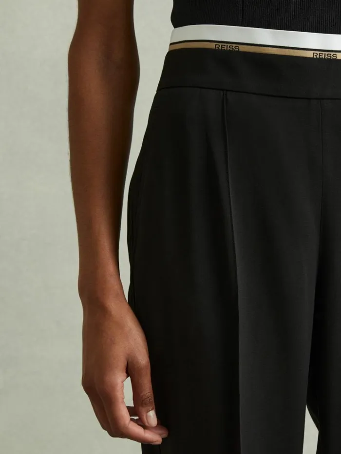 REISS Pants Women Waistband Detail Wide Leg Trousers Black