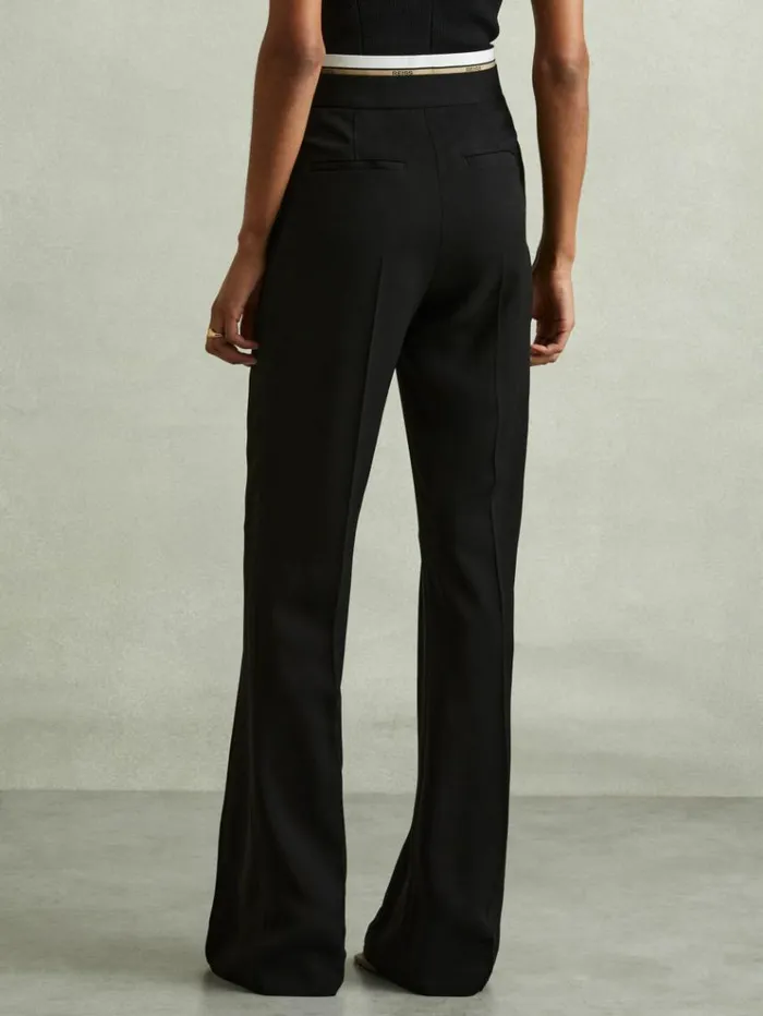 REISS Pants Women Waistband Detail Wide Leg Trousers Black