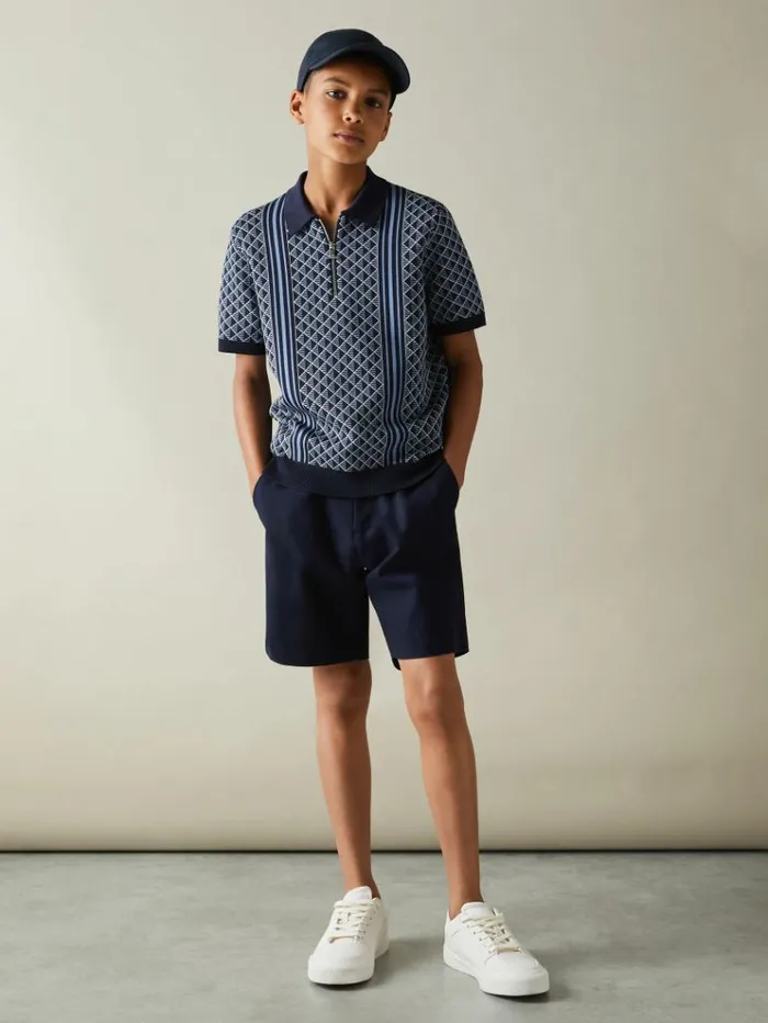 REISS Polo Shirts Children Diamond Stitch HalfZip Polo Shirt Navyairforce Blue