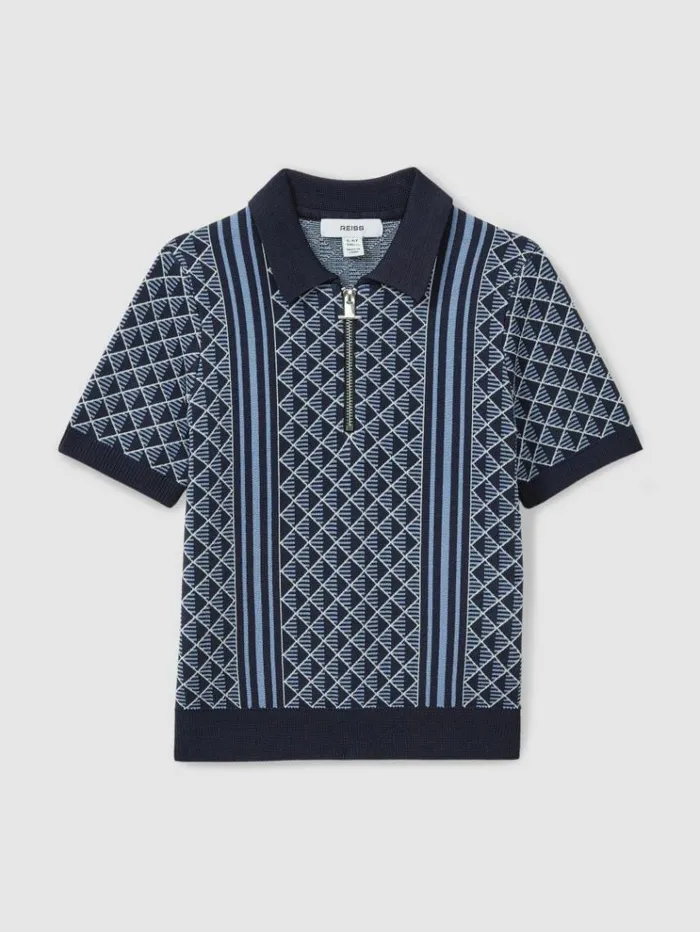 REISS Polo Shirts Children Diamond Stitch HalfZip Polo Shirt Navyairforce Blue