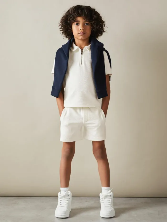 REISS Polo Shirts Children Textured Half Zip Polo Shirt Off White