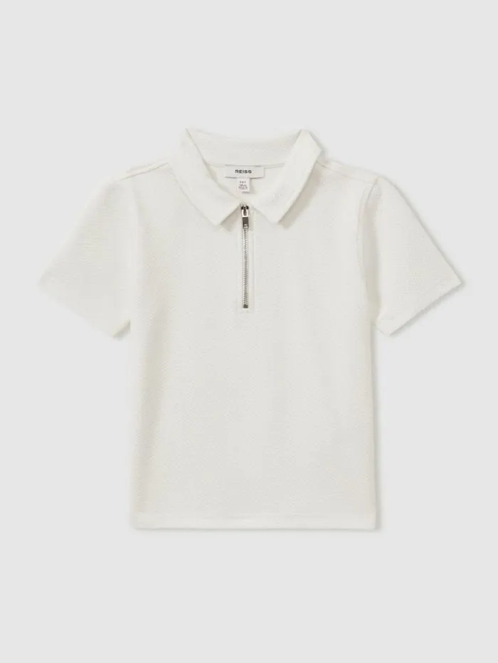 REISS Polo Shirts Children Textured Half Zip Polo Shirt Off White