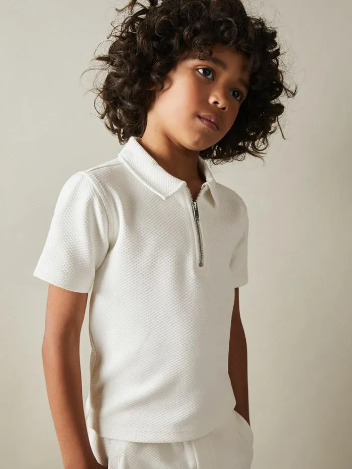 REISS Polo Shirts Children Textured Half Zip Polo Shirt Off White