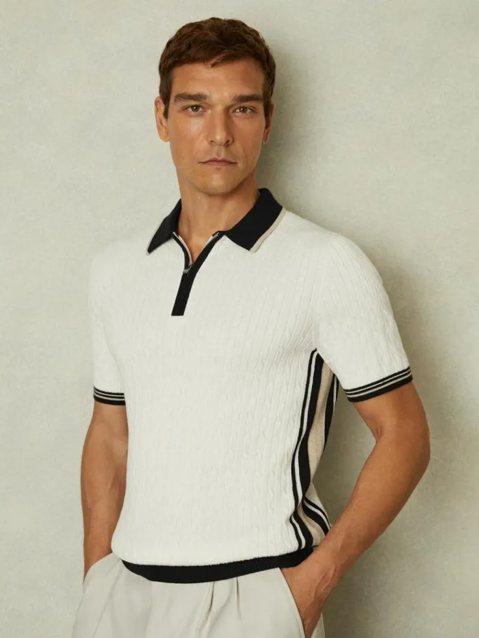 REISS Polo Shirts Men Cotton Blend Cable Knit Half Zip Polo Shirt Off Whitecamelnavy REISS Polo Shirts Men Cotton Blend Cable Knit Half Zip Polo Shirt Off Whitecamelnavy
