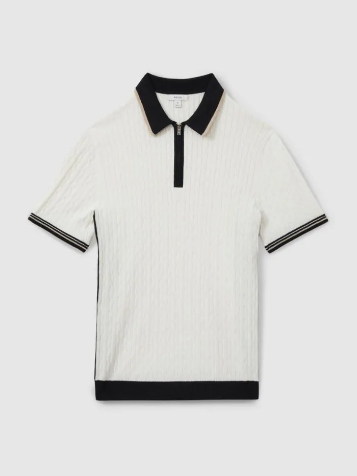 REISS Polo Shirts Men Cotton Blend Cable Knit Half Zip Polo Shirt Off Whitecamelnavy