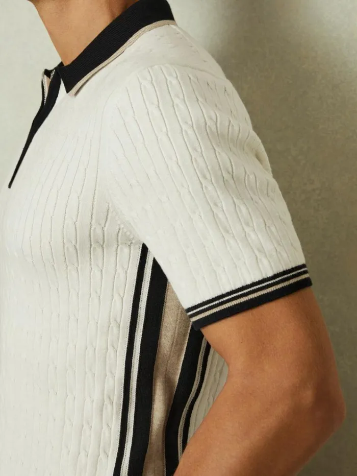 REISS Polo Shirts Men Cotton Blend Cable Knit Half Zip Polo Shirt Off Whitecamelnavy
