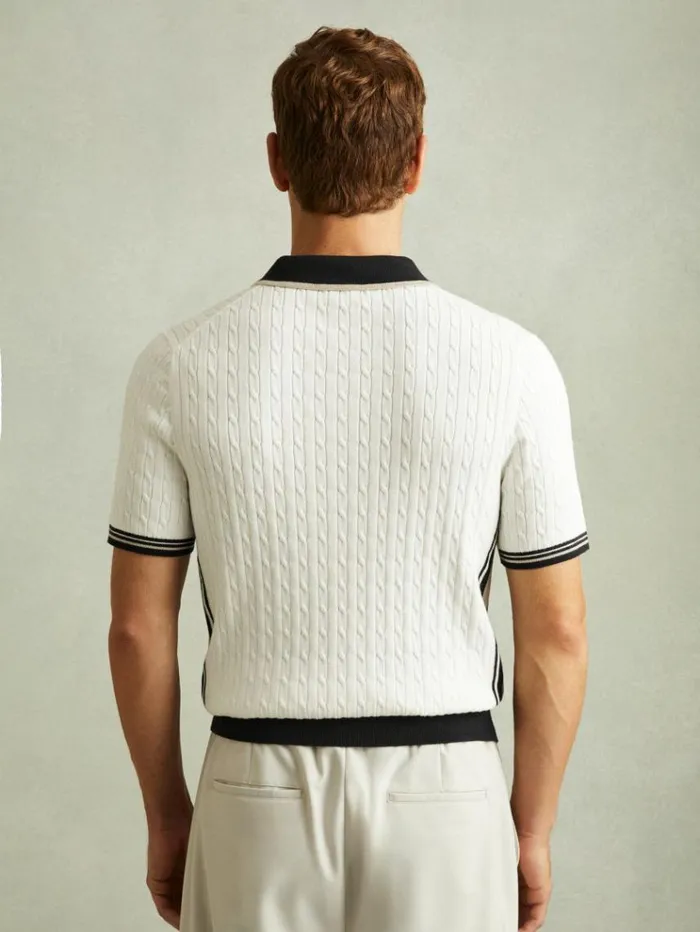 REISS Polo Shirts Men Cotton Blend Cable Knit Half Zip Polo Shirt Off Whitecamelnavy
