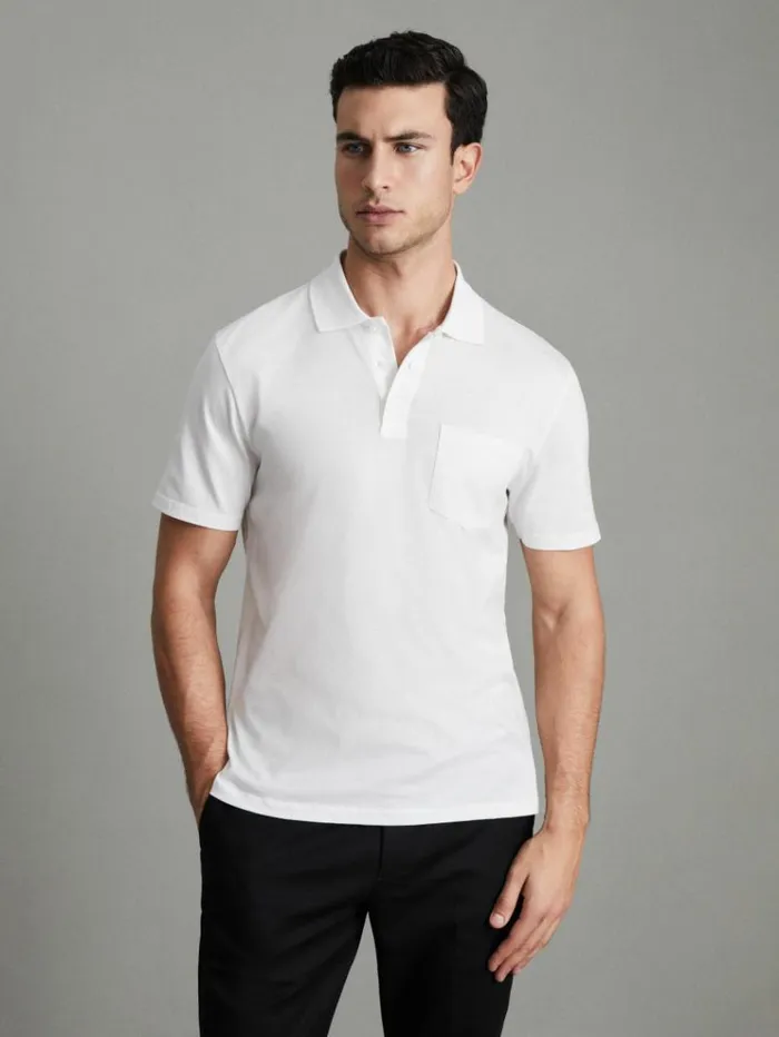 REISS Polo Shirts Men Mercerised Cotton Polo Shirt White