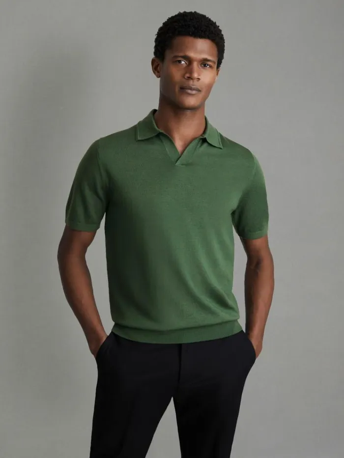 REISS Polo Shirts Men Merino Wool Open Collar Polo Shirt Lizard Green