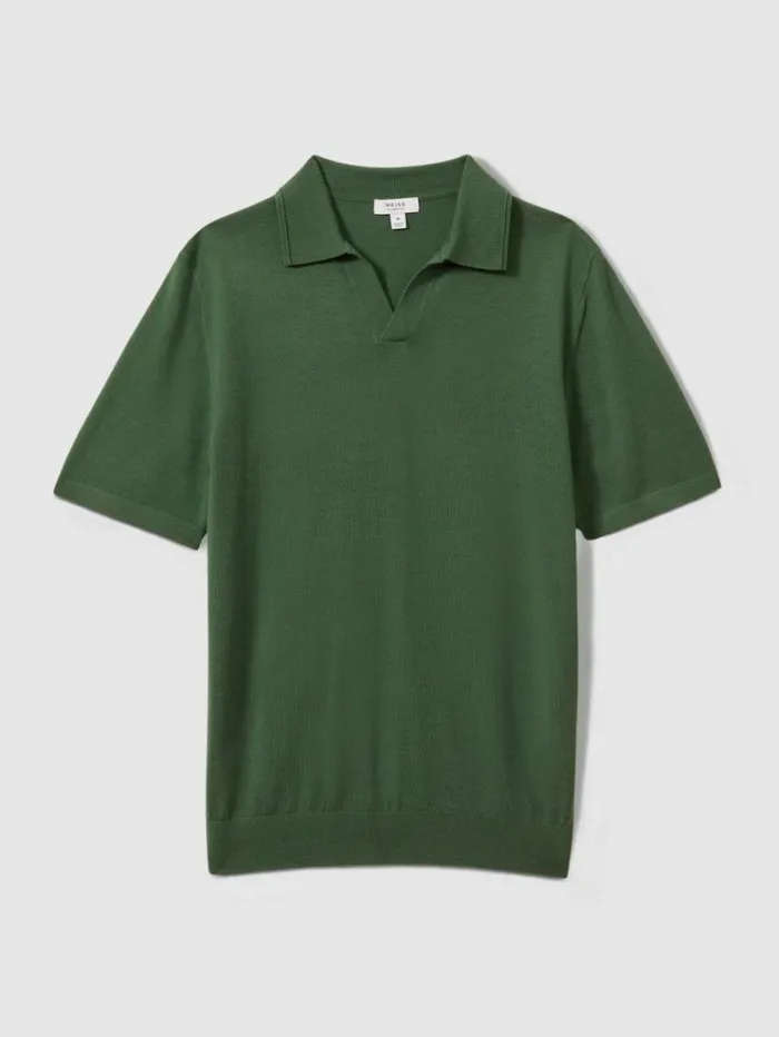 REISS Polo Shirts Men Merino Wool Open Collar Polo Shirt Lizard Green