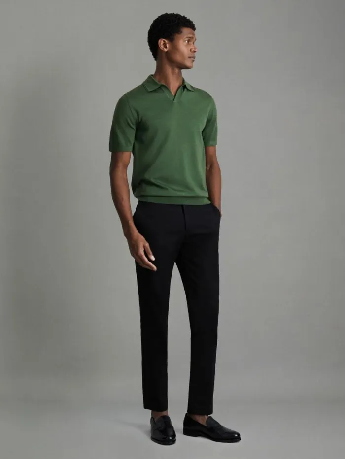 REISS Polo Shirts Men Merino Wool Open Collar Polo Shirt Lizard Green