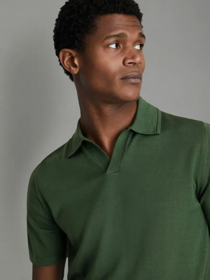 REISS Polo Shirts Men Merino Wool Open Collar Polo Shirt Lizard Green