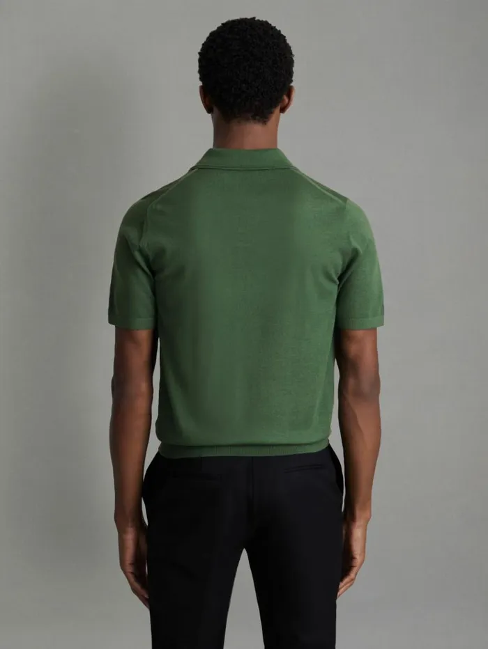 REISS Polo Shirts Men Merino Wool Open Collar Polo Shirt Lizard Green