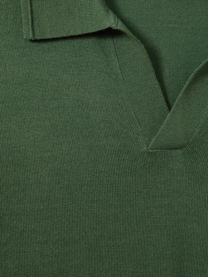 REISS Polo Shirts Men Merino Wool Open Collar Polo Shirt Lizard Green