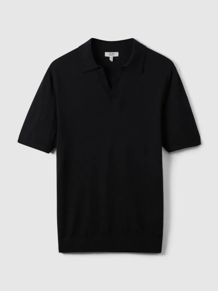 REISS Polo Shirts Men Merino Wool Open Collar Polo Shirt Navy