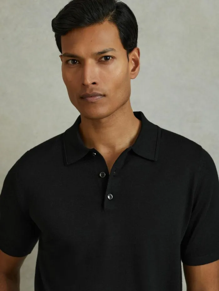 REISS Polo Shirts Men Merino Wool Polo Shirt Black