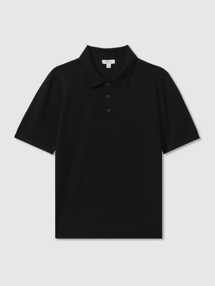 REISS Polo Shirts Men Merino Wool Polo Shirt Black