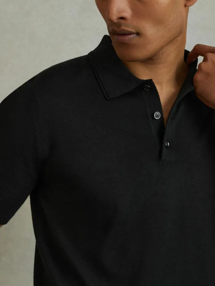 REISS Polo Shirts Men Merino Wool Polo Shirt Black
