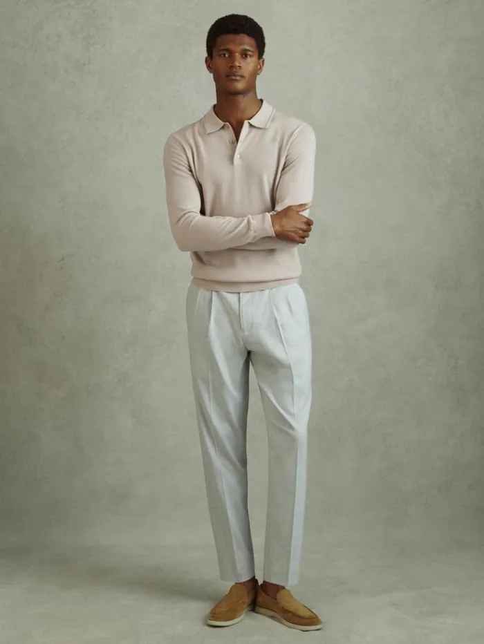 REISS Polo Shirts Men Merino Wool Polo Shirt Washed Stone