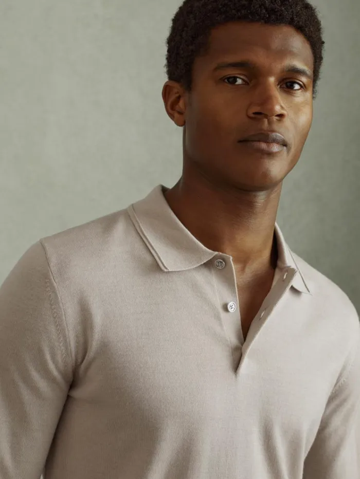 REISS Polo Shirts Men Merino Wool Polo Shirt Washed Stone
