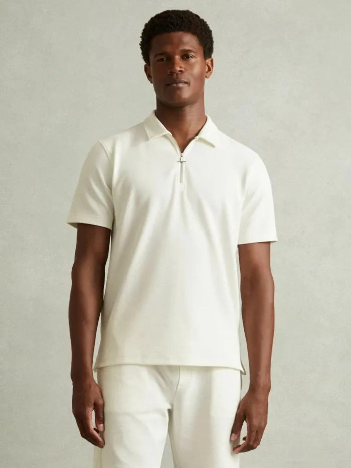 REISS Polo Shirts Men Textured ZipNeck Polo Shirt Off White