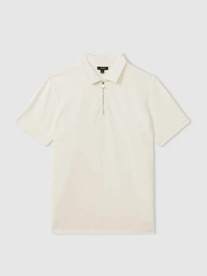 REISS Polo Shirts Men Textured ZipNeck Polo Shirt Off White