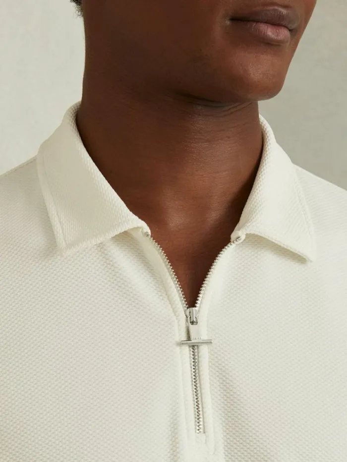 REISS Polo Shirts Men Textured ZipNeck Polo Shirt Off White