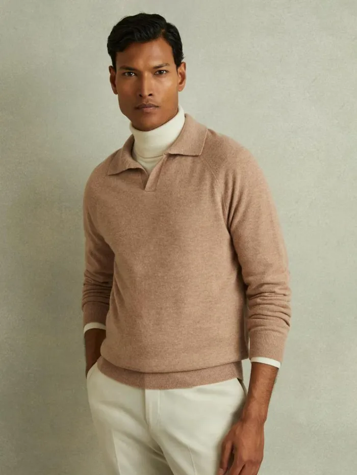 REISS Polo Shirts Men WoolCashmere OpenCollar Polo Shirt Soft Camel