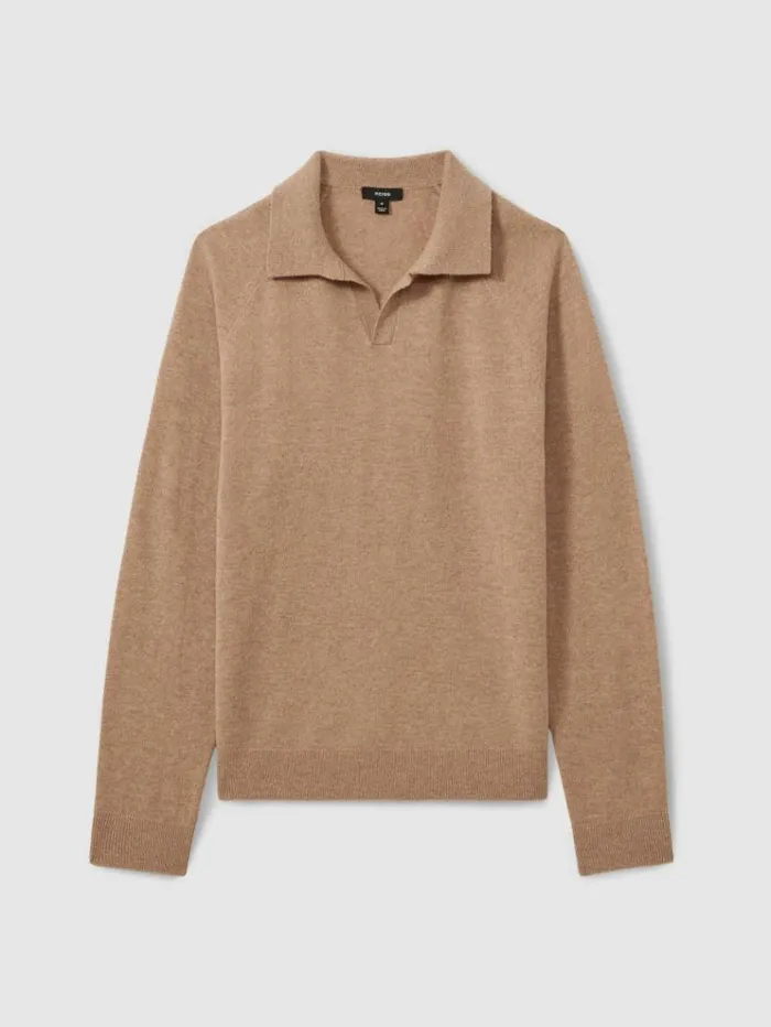 REISS Polo Shirts Men WoolCashmere OpenCollar Polo Shirt Soft Camel