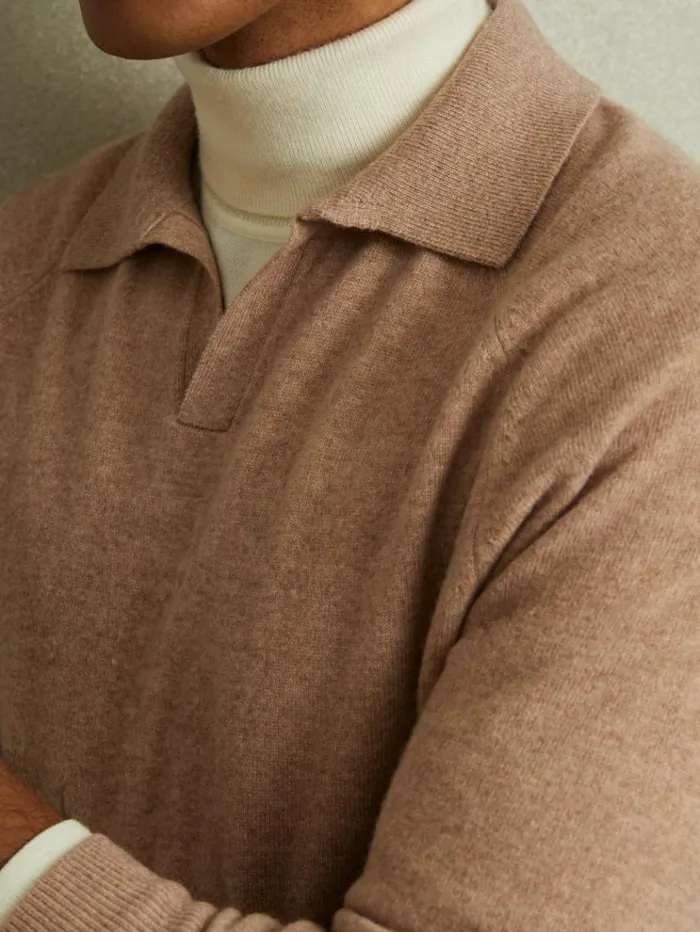 REISS Polo Shirts Men WoolCashmere OpenCollar Polo Shirt Soft Camel
