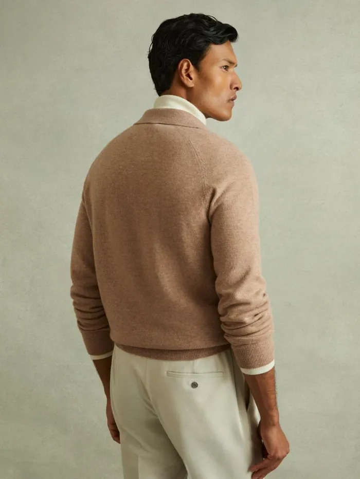 REISS Polo Shirts Men WoolCashmere OpenCollar Polo Shirt Soft Camel