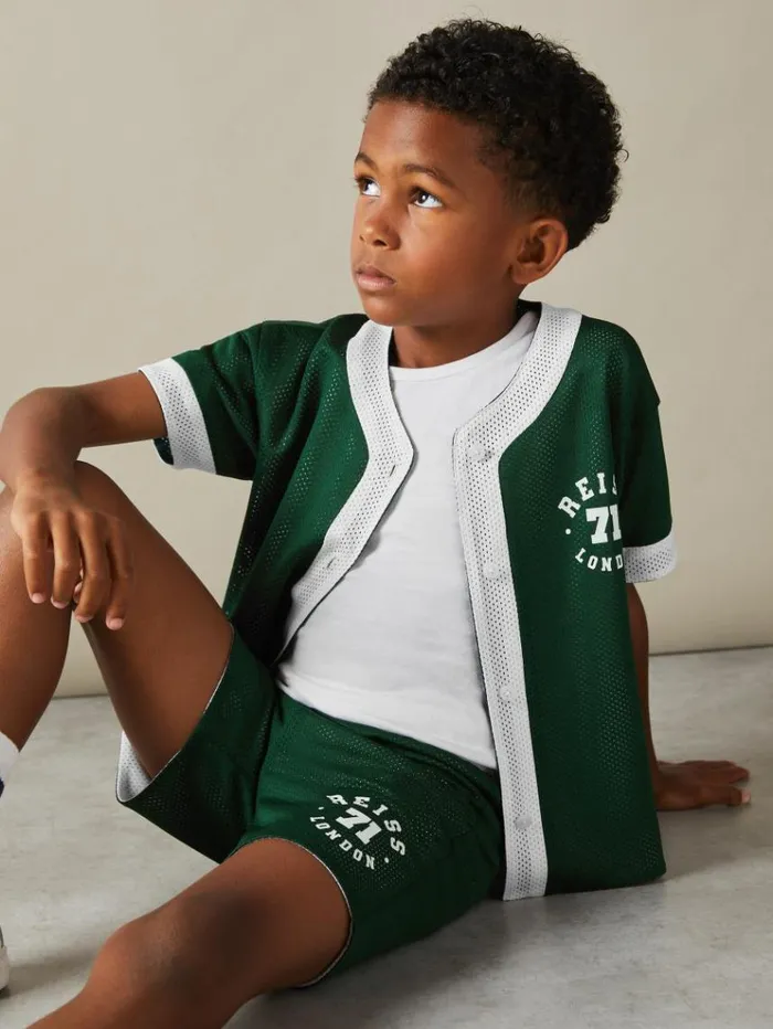REISS Shirts Children Airtex Reversible Baseball Shirt Dark Greenoptic White