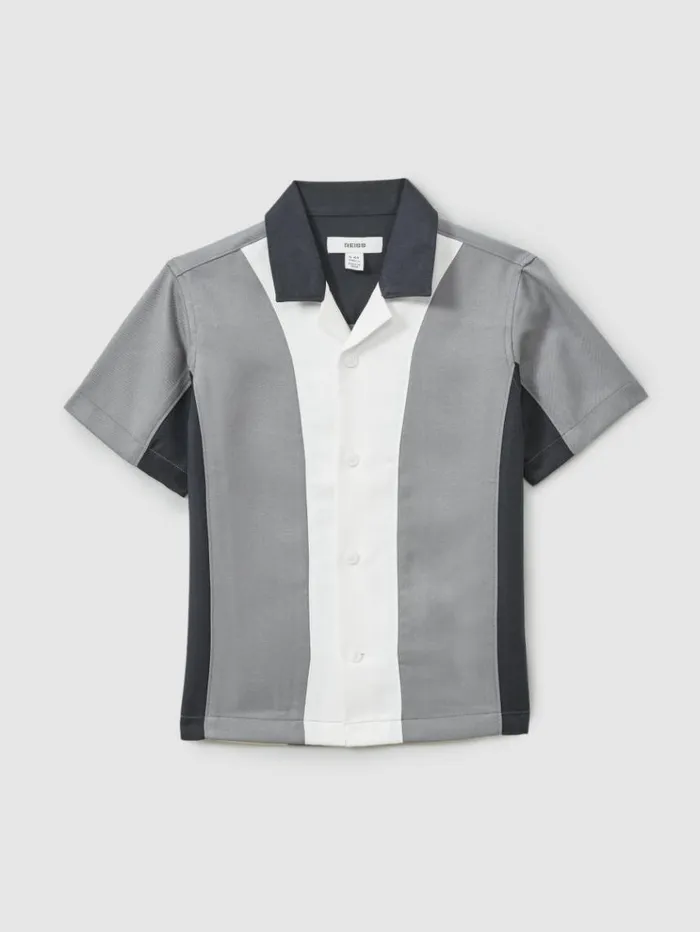 REISS Shirts Children Colourblock Cuban Collar Shirt Blue