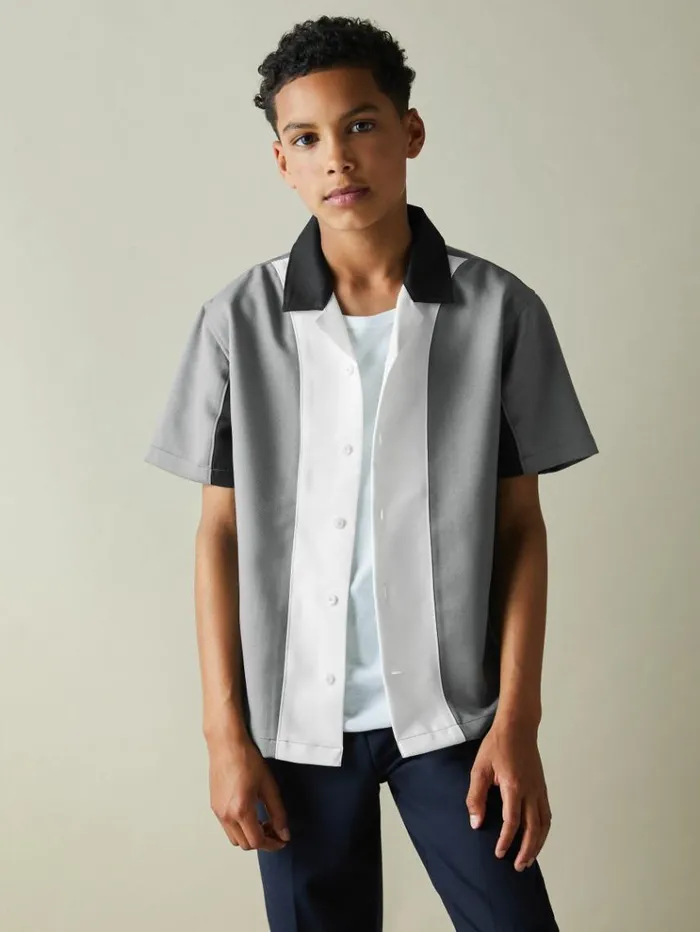 REISS Shirts Children Colourblock Cuban Collar Shirt Blue