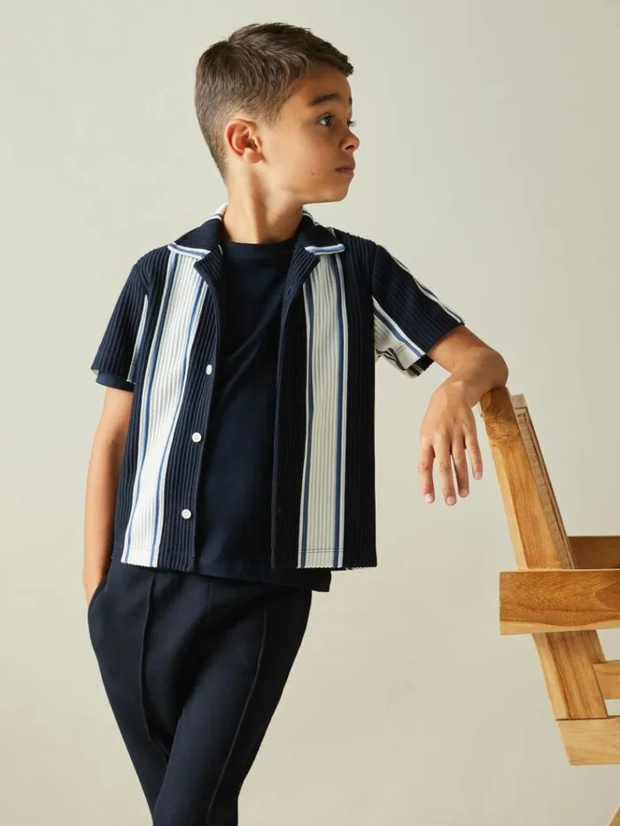 REISS Shirts Children Ribbed Cuban Collar Shirt Navyoff Whiteairforce Blue