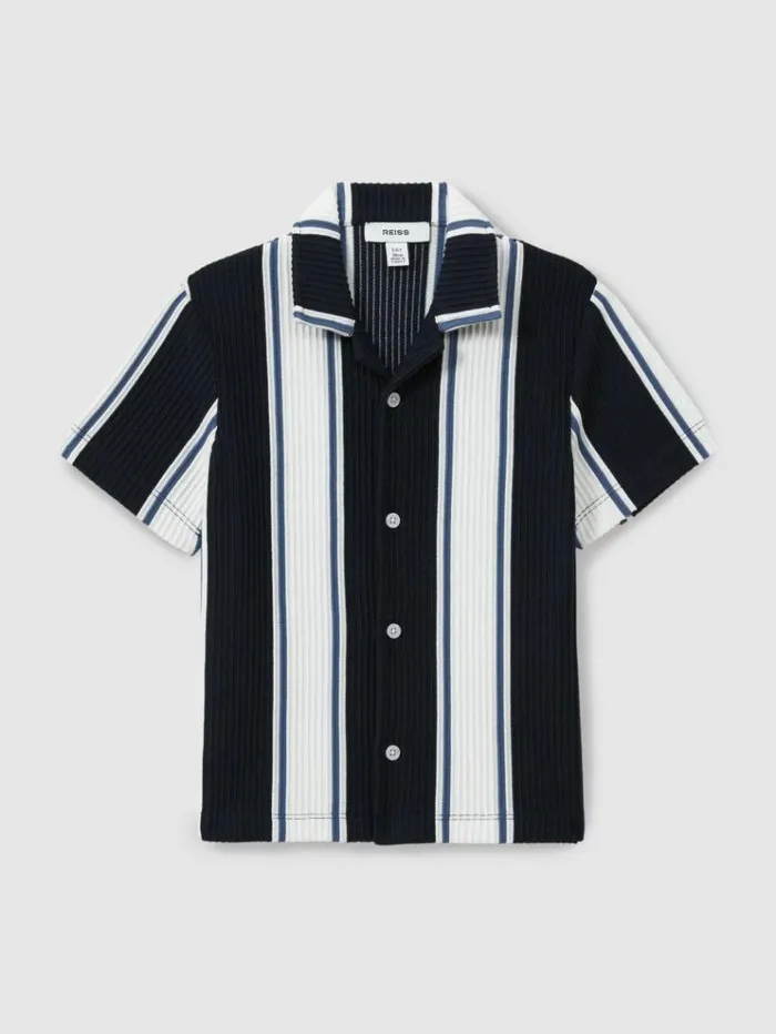 REISS Shirts Children Ribbed Cuban Collar Shirt Navyoff Whiteairforce Blue