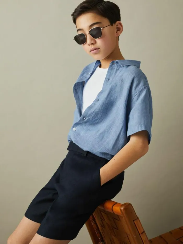 REISS Shirts Children Short Sleeve Linen Shirt Sky Blue