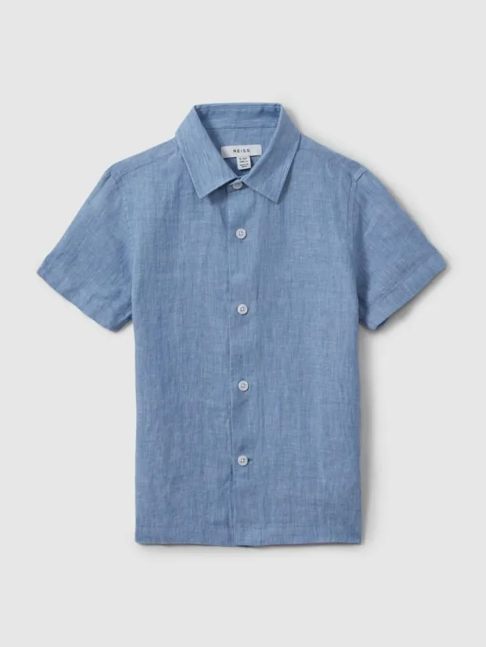 REISS Shirts Children Short Sleeve Linen Shirt Sky Blue