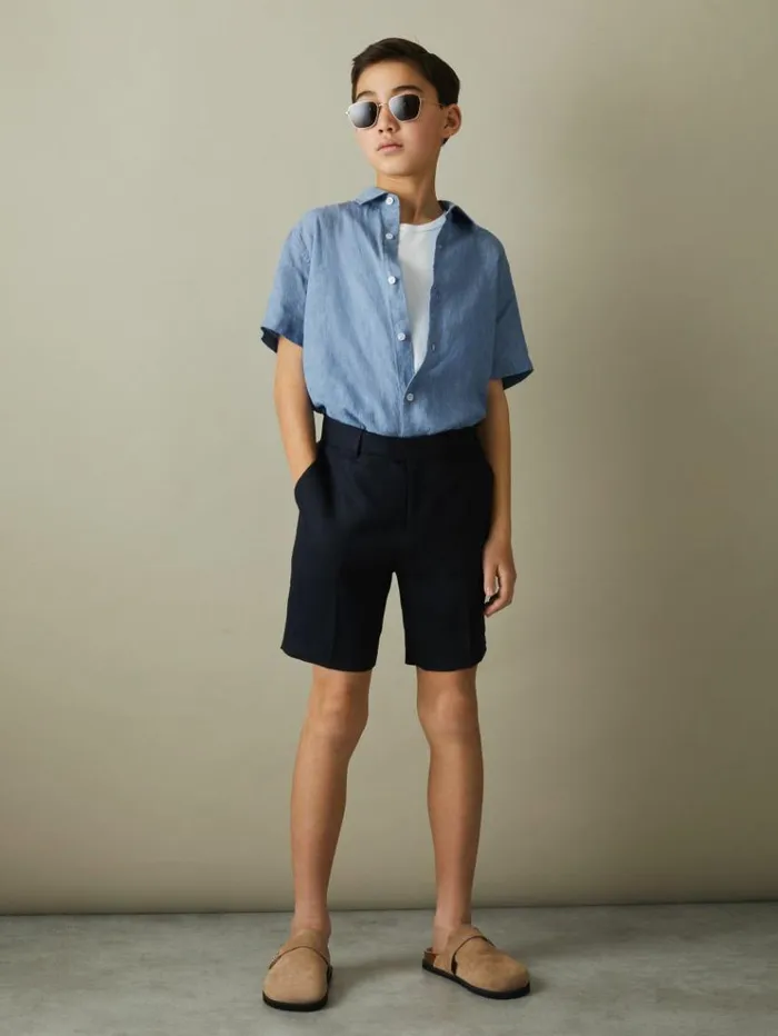 REISS Shirts Children Short Sleeve Linen Shirt Sky Blue