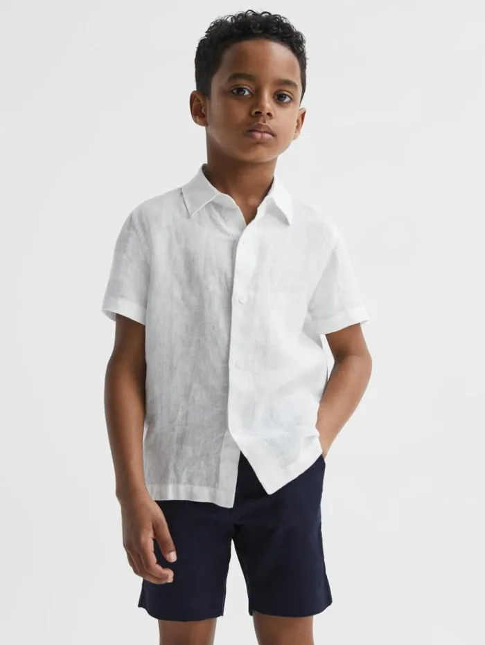 REISS Shirts Children Short Sleeve Linen Shirt White