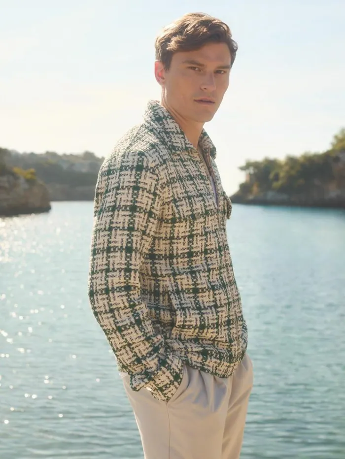 REISS Shirts Men Ch Textured Check ZipThrough Jacket Ivorydark Green