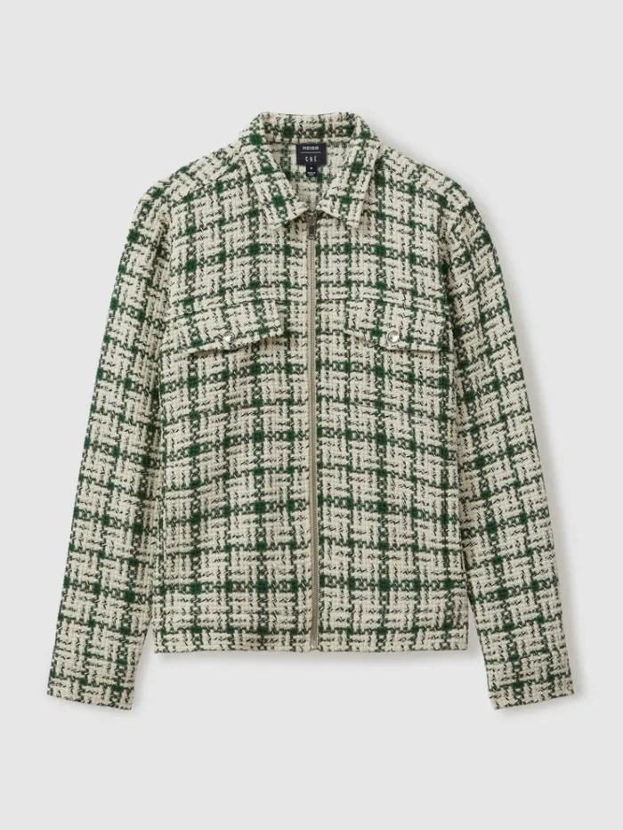 REISS Shirts Men Ch Textured Check ZipThrough Jacket Ivorydark Green