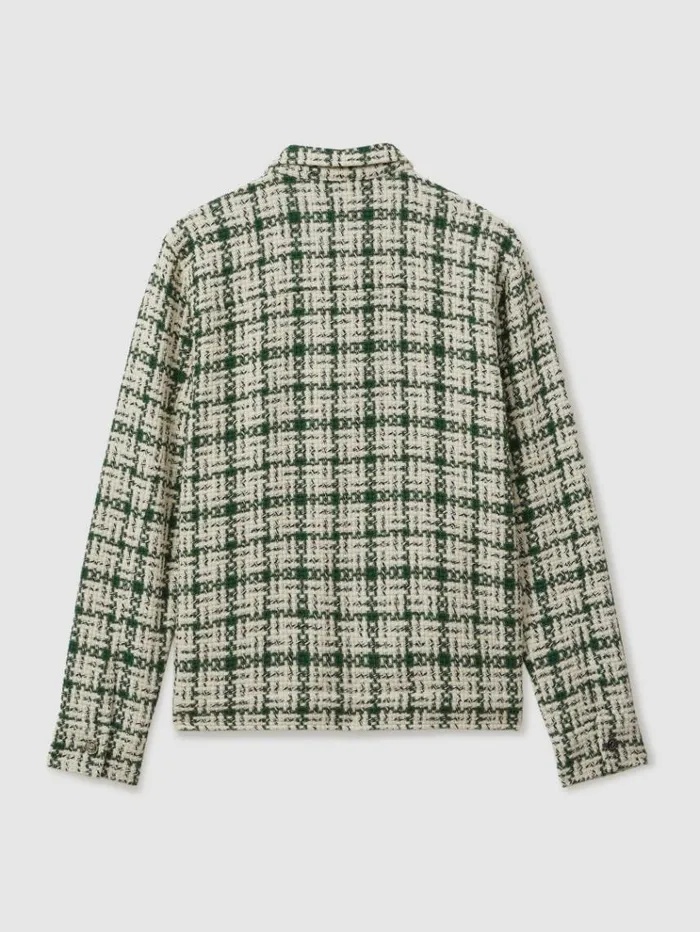 REISS Shirts Men Ch Textured Check ZipThrough Jacket Ivorydark Green