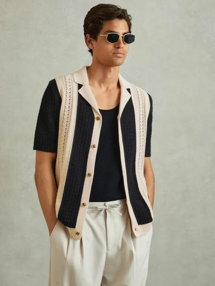REISS Shirts Men Crochet Striped Cuban Collar Shirt Navystone